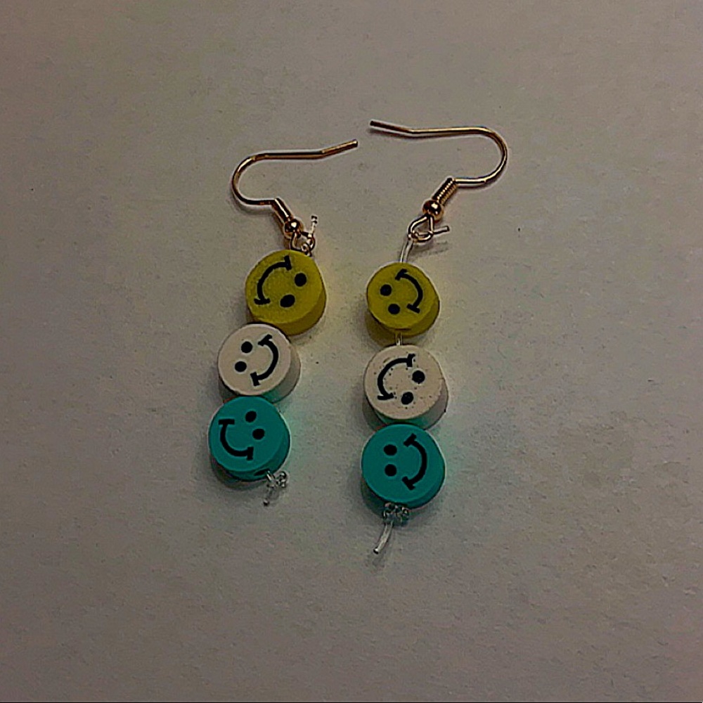 Clay smiley face earrings - yellow,white,teal